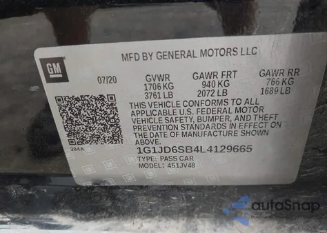 2020 Chevrolet Sonic Fwd Lt 5-Door z USA, uszkodzony, nr VIN 1G1JD6SB4L4129665